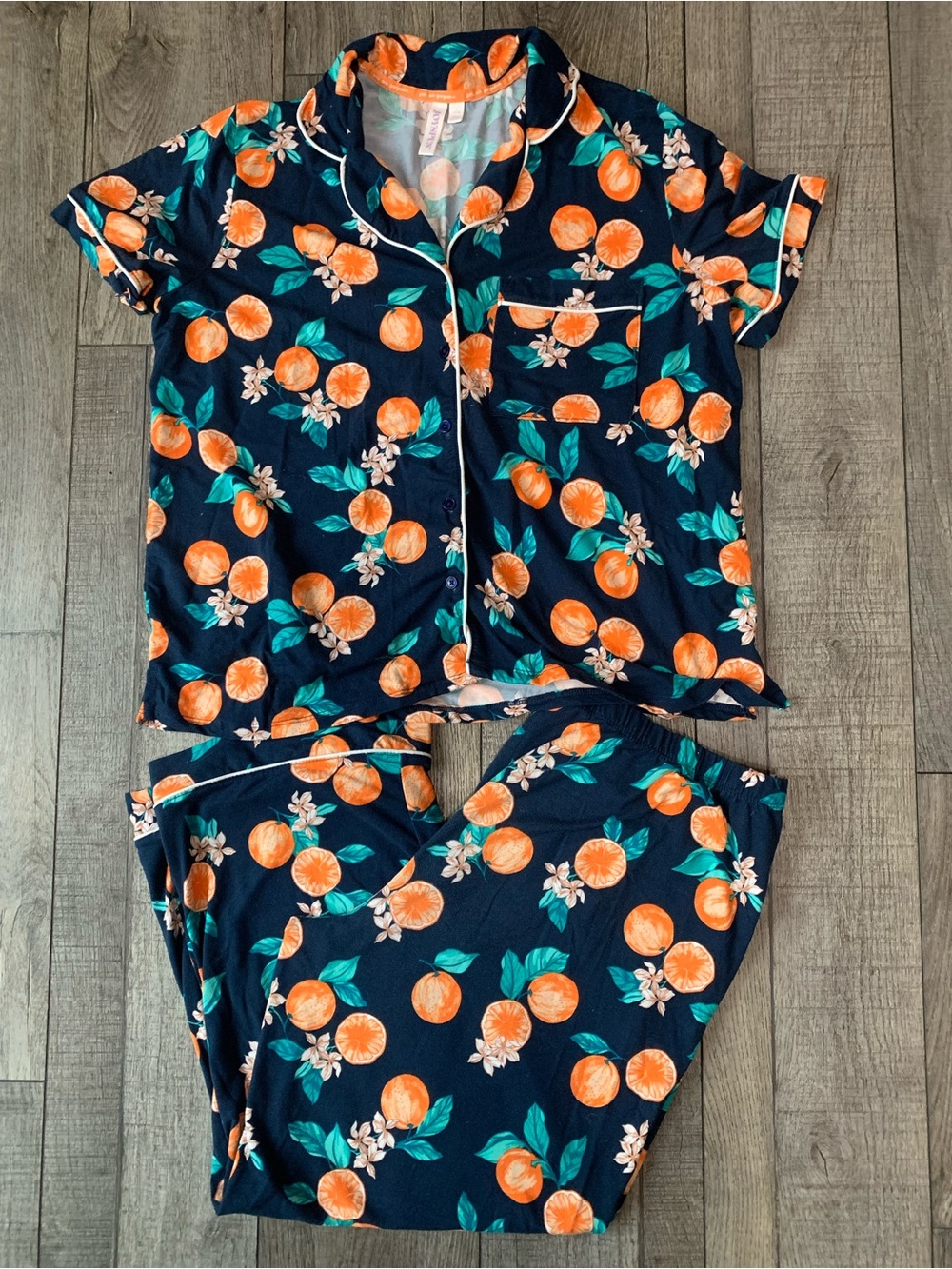 Women's Navy Orange Printed Short-Sleeve Pajama Set